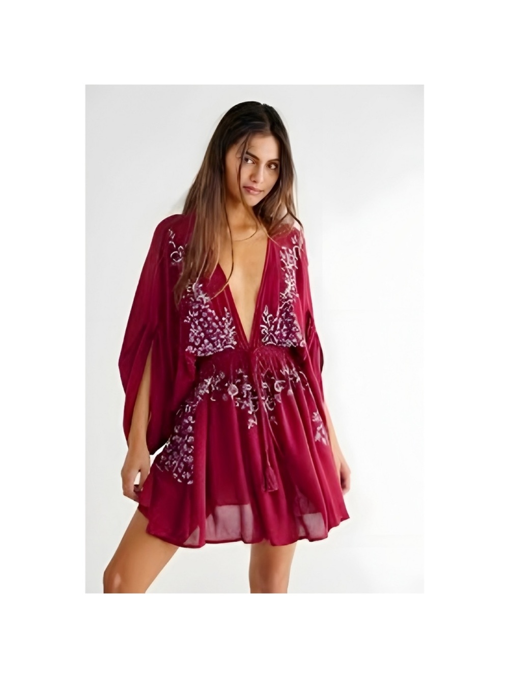 Free People Pretty Pineapple Dress Burgundy Size Small Embroidered Boho Mini